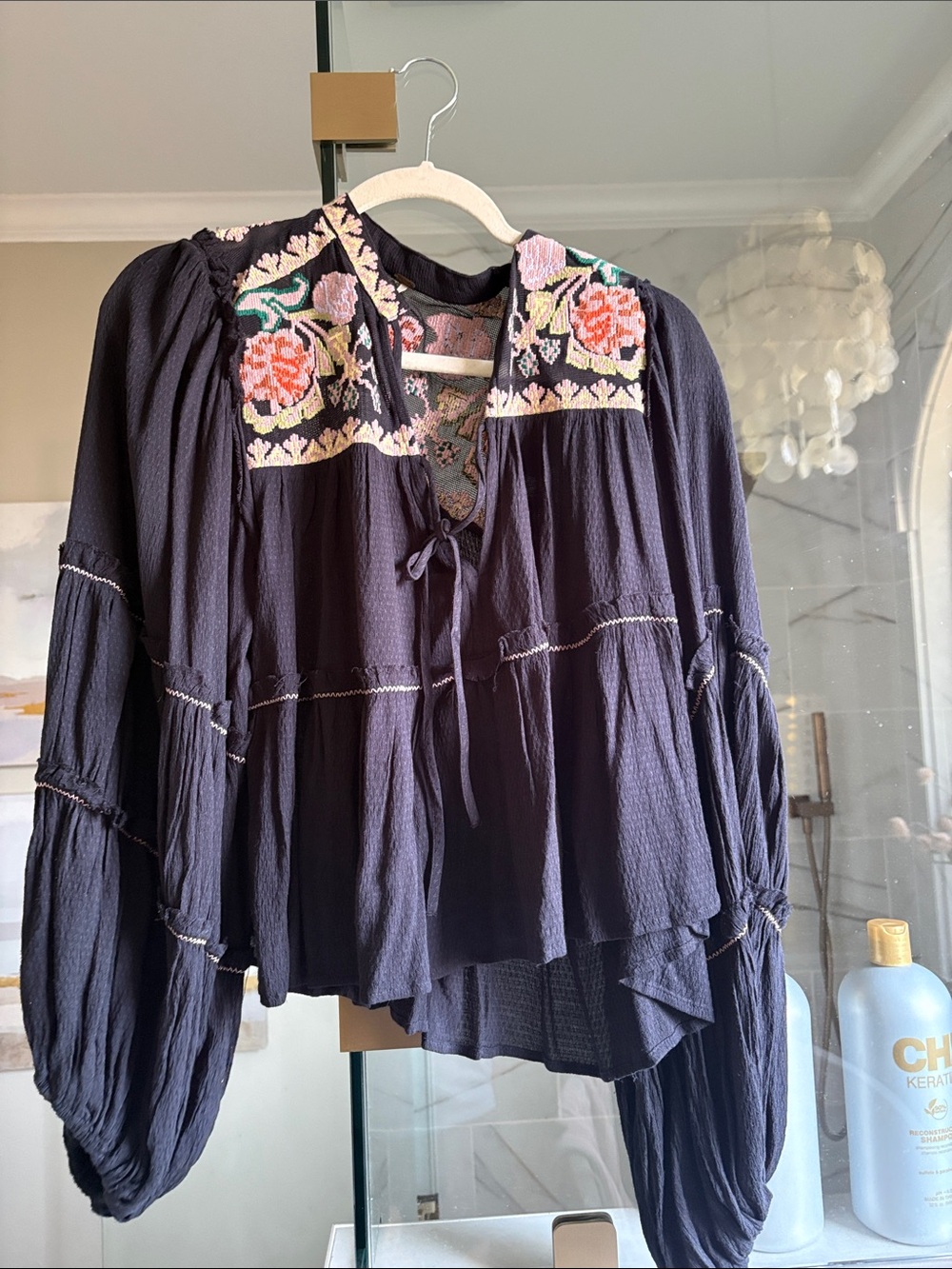 Embroidered Black Free People Peasant Blouse with Floral Yoke